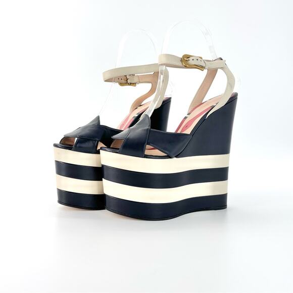Gucci Sally Nappa Leather Navy Ivory Snake Platform Wedge Sandals 37.5 - Picture 1 of 10